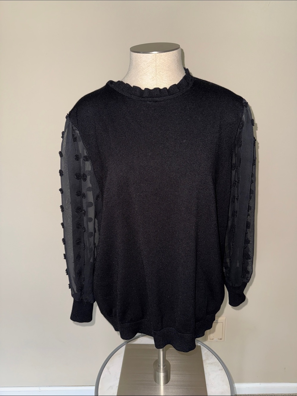 Adrianna Papell Black Crewneck Sweater with Sheer Puff Dot Sleeves